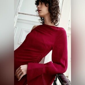 Maroon Red One Sleeve Shoulder Asymmetrical Midi Satin Formal Fancy Dress Sz L
